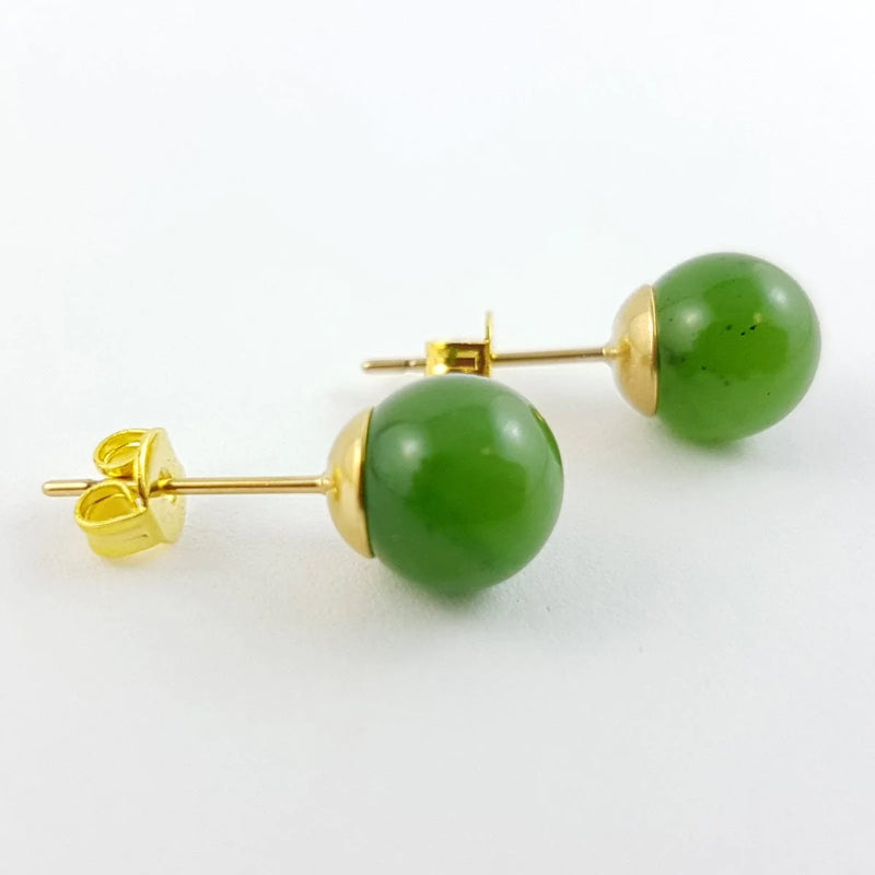 Jade Earrings - 8mm Bead in Gold Stainless - The Jade Store