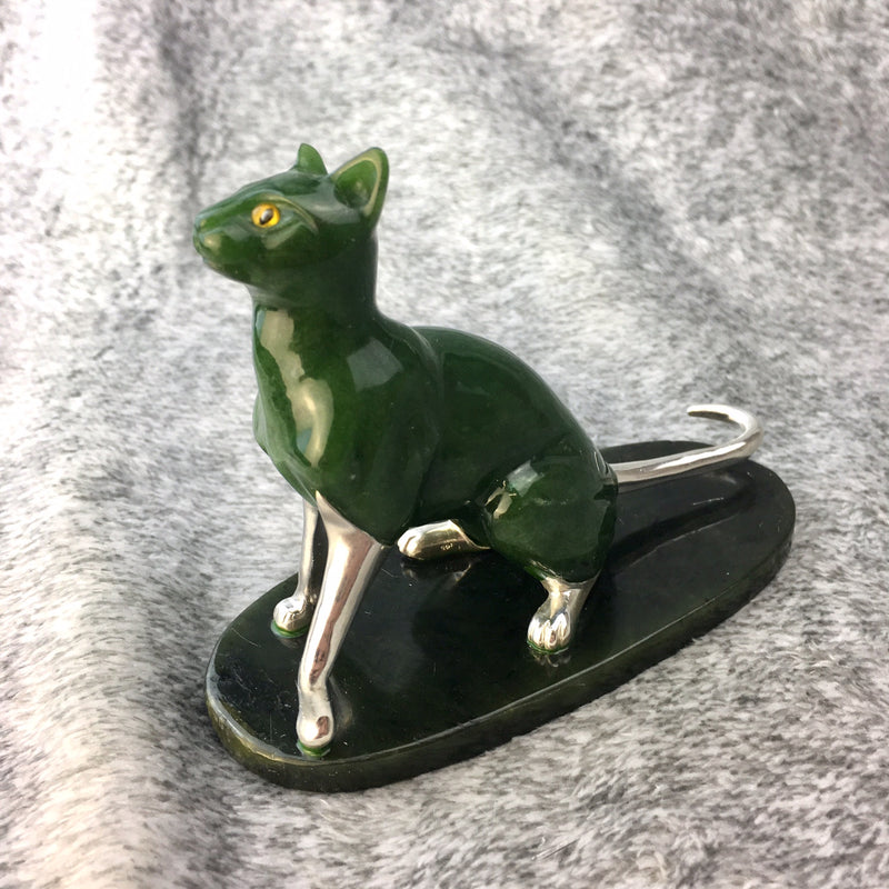 Jade Cat Carving with Silver - 4.25"