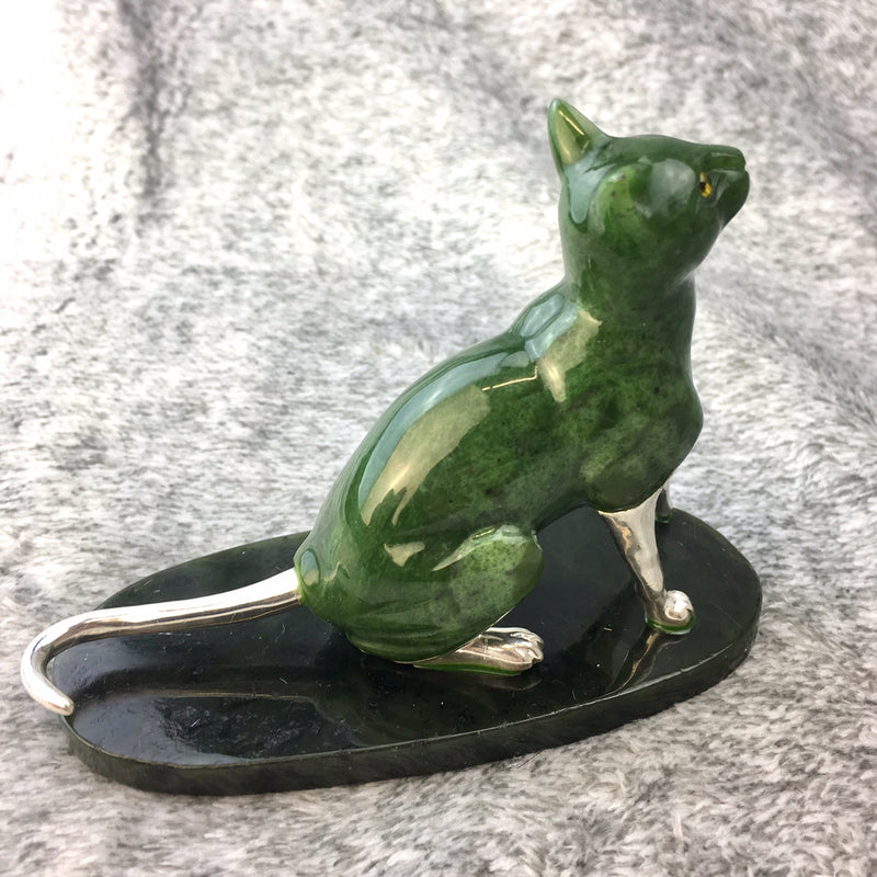 Jade Cat Carving with Silver - 4.25"