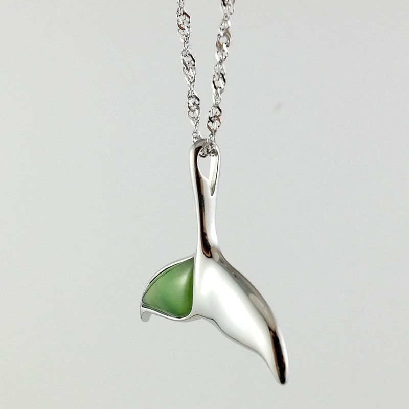 Canadian Nephrite Jade Whale Tail Pendant set in Stainless Steel