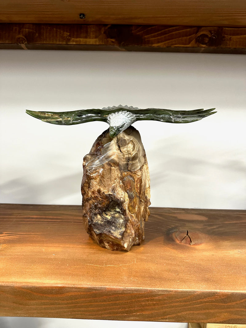 Jade Eagle On Petrified Wood