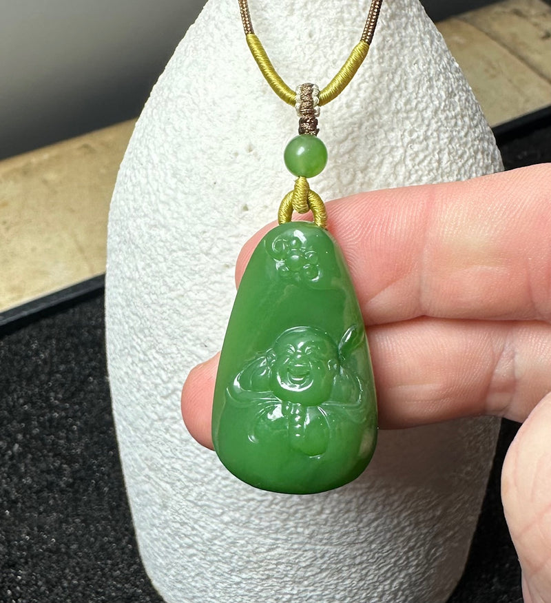 Siberian Jade Happy Buddha Pendant, 37mm