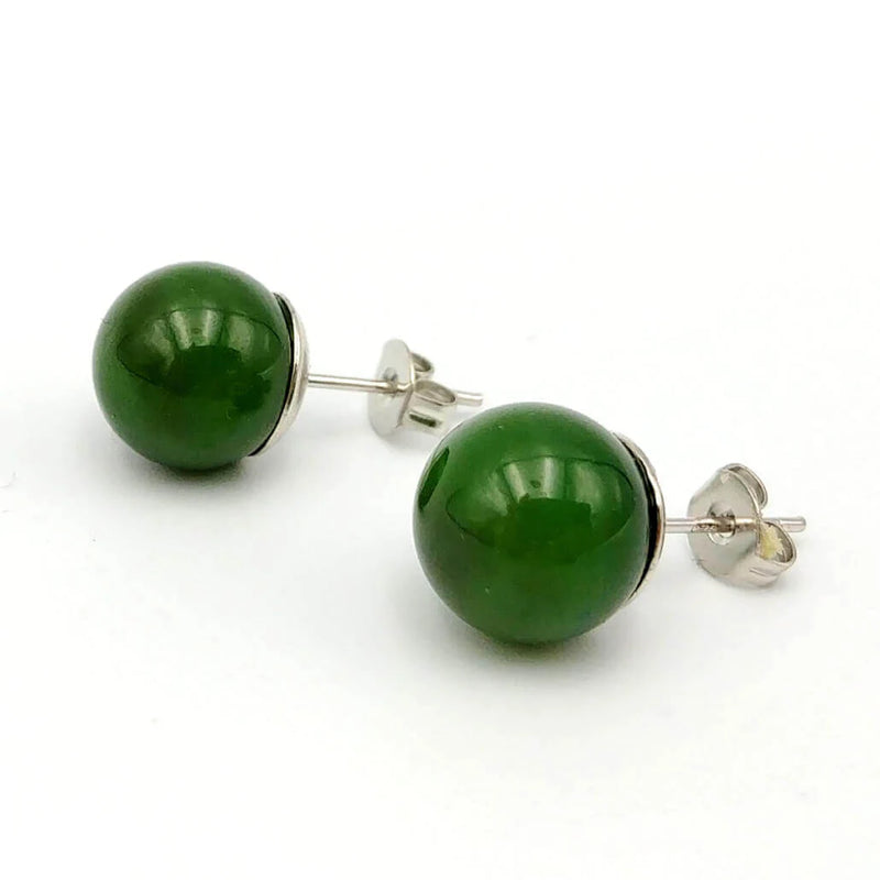Jade Earrings - 10mm Bead in Silver - The Jade Store