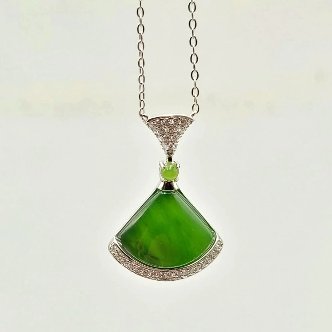 Jade Pendant Fan with CZ Black Velvet Pouch