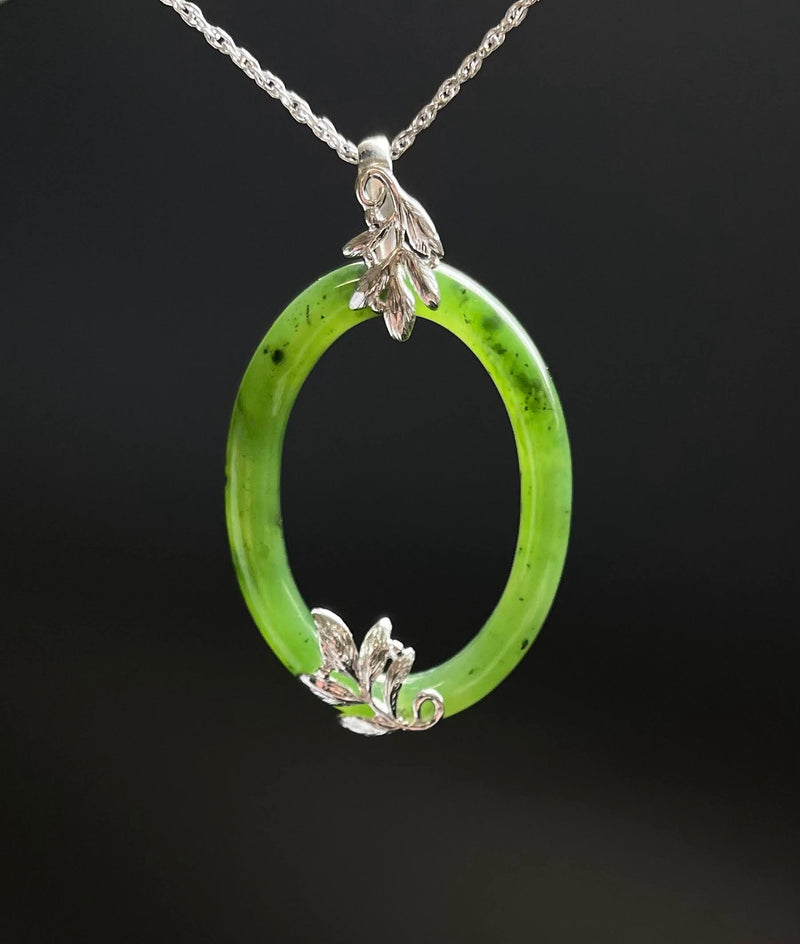 Oval Jade Pendant with Silver Leaves -4