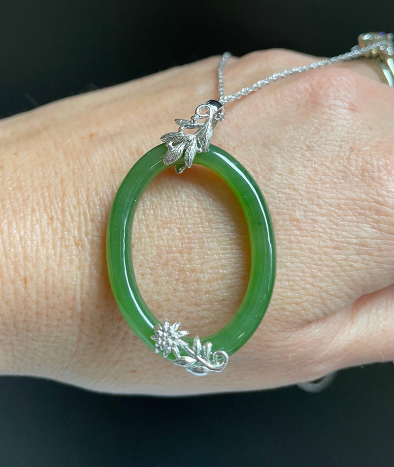 Oval Jade Pendant with Silver Leaves