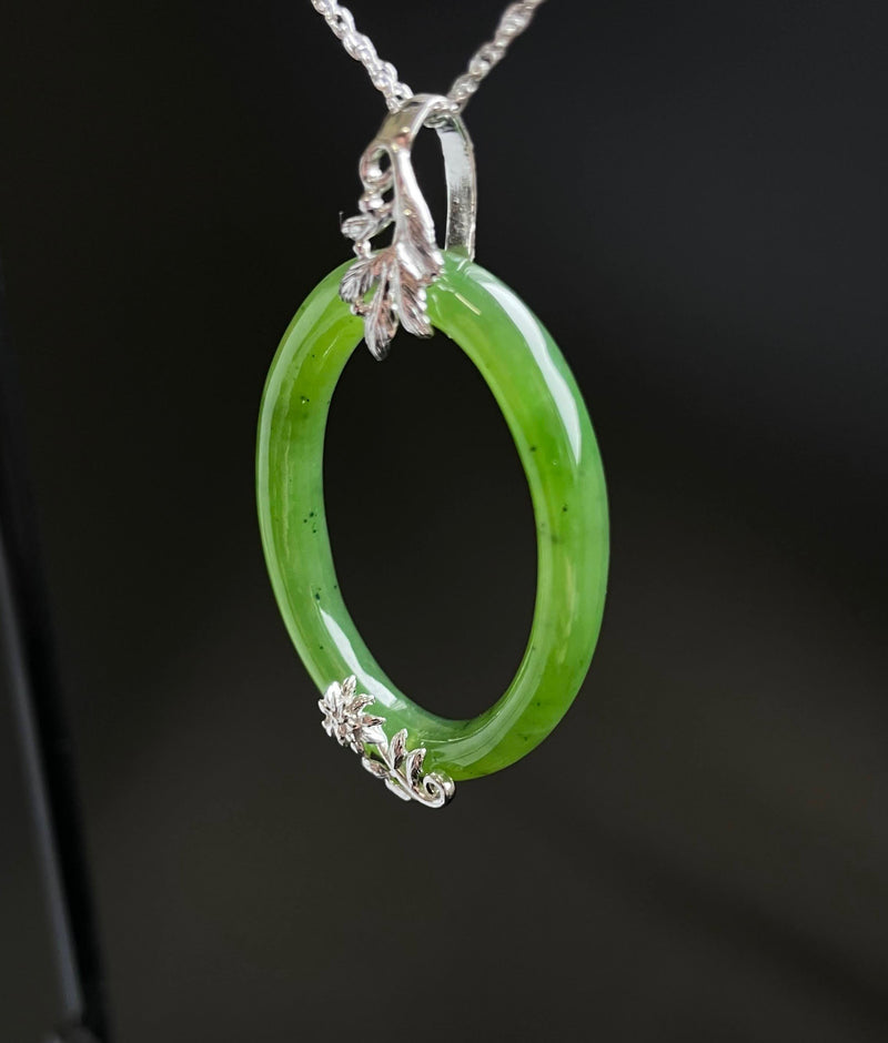 Oval Jade Pendant with Silver Leaves