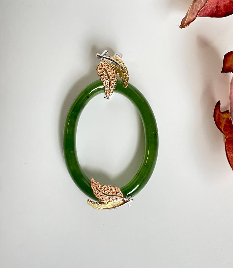 Oval Jade Pendant with Vermeil Leaves - 3