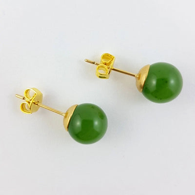 Jade Earrings - 8mm Bead in Gold Stainless - The Jade Store