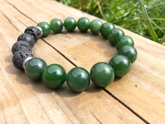 12mm A Grade Canadian Nephrite Jade and Lava bead Bracelet. Jade Mine Canada