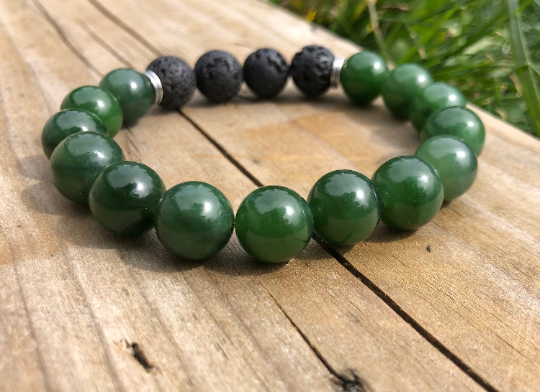 12mm A Grade Canadian Nephrite Jade and Lava bead Bracelet.