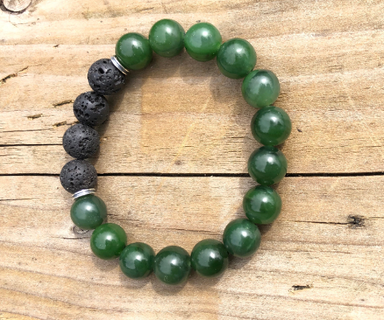 12mm A Grade Canadian Nephrite Jade and Lava bead Bracelet.