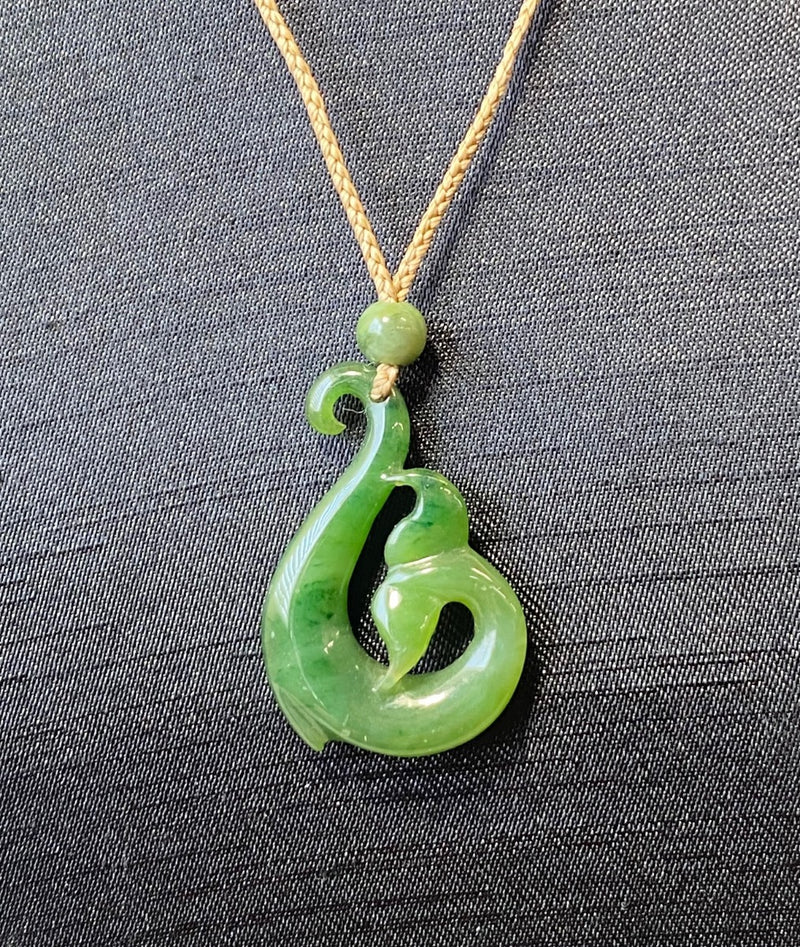 Canadian Nephrite Jade Whale Tail Fish Hook Pendant, Jade Necklace, Authentic Jade - Natural Jade Wooden Gift Box