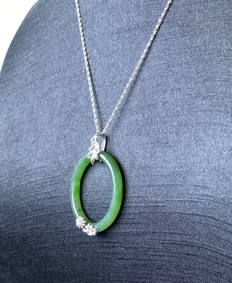 Oval Jade Pendant with Silver Leaves