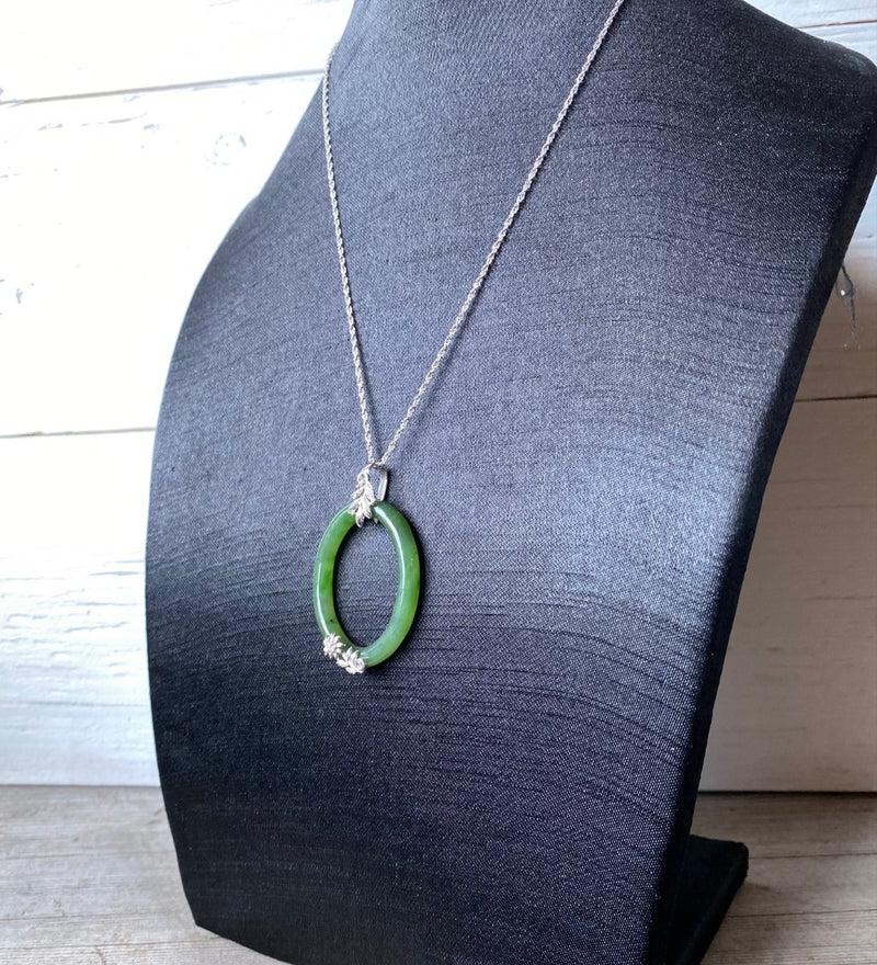 Oval Jade Pendant with Silver Leaves