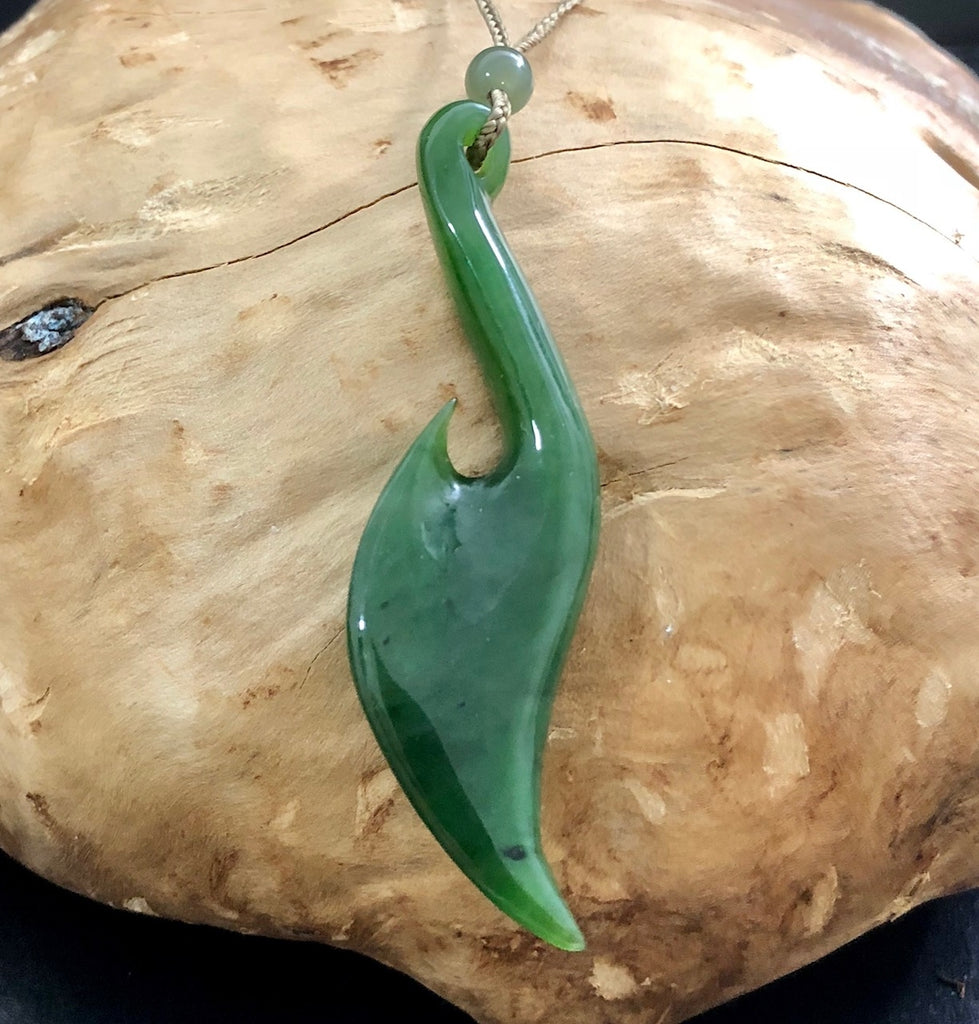 Canadian Nephrite Jade Whale Tail Fish Hook Pendant, Jade Necklace, Authentic Jade - Natural Jade Wooden Gift Box